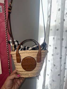 Tory Burch Ella Straw mini crossbody with detachable buffalo plaid Scarf